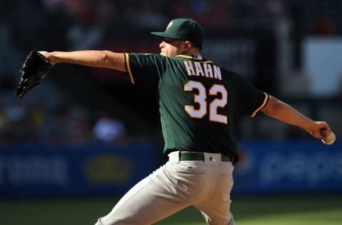 August 4, 2016; Anaheim, CA, USA; Oakland Athletics starting pitcher Jesse Hahn (32) throws in the third inning against Los Angeles Angels at Angel Stadium of Anaheim. Mandatory Credit: Gary A. Vasquez-USA TODAY Sports