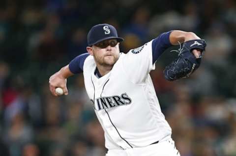 Aug 9, 2016; Seattle, WA, USA; Seattle Mariners relief pitcher Drew Storen (45) throws against the Detroit Tigers during the twelfth inning at Safeco Field. Mandatory Credit: Joe Nicholson-USA TODAY Sports