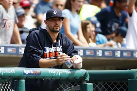 Aug 18, 2016; Detroit, MI, USA; Detroit Tigers third baseman Nick Castellanos (9) watches from the dugout in the first inning against the Boston Red Sox at Comerica Park. Mandatory Credit: Rick Osentoski-USA TODAY Sports