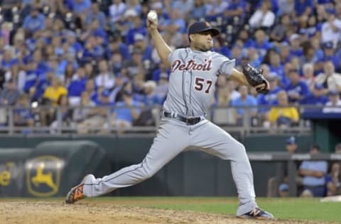 Sep 2, 2016; Kansas City, MO, USA; Detroit Tigers relief pitcher Francisco Rodriguez (57) delivers a pitch in the ninth inning against the Kansas City Royals at Kauffman Stadium. The Tigers won 7-6. Mandatory Credit: Denny Medley-USA TODAY Sports