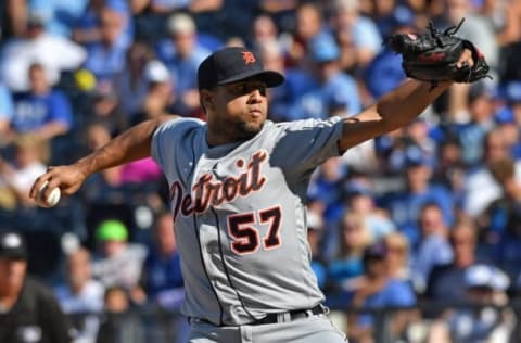 Sep 4, 2016; Kansas City, MO, USA; Detroit Tigers pitcher Francisco Rodriguez (57) delivers a pitch against the Kansas City Royals during the ninth inning at Kauffman Stadium. Mandatory Credit: Peter G. Aiken-USA TODAY Sports