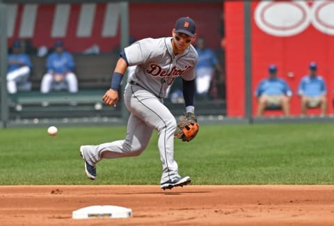 Sep 4, 2016; Kansas City, MO, USA; Detroit Tigers shortstop Jose Iglesias (1) chases down a ground ball against the Kansas City Royals during the first inning at Kauffman Stadium. Mandatory Credit: Peter G. Aiken-USA TODAY Sports