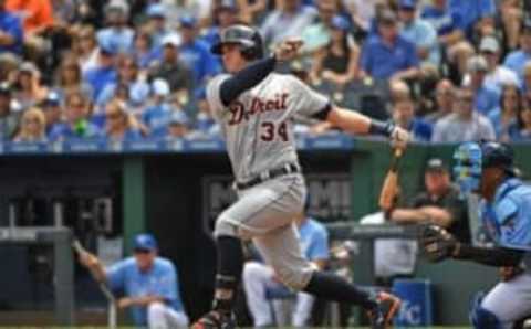 Sep 4, 2016; Kansas City, MO, USA; Detroit Tigers catcher James McCann (34) at bat against the Kansas City Royals during the second inning at Kauffman Stadium. Mandatory Credit: Peter G. Aiken-USA TODAY Sports