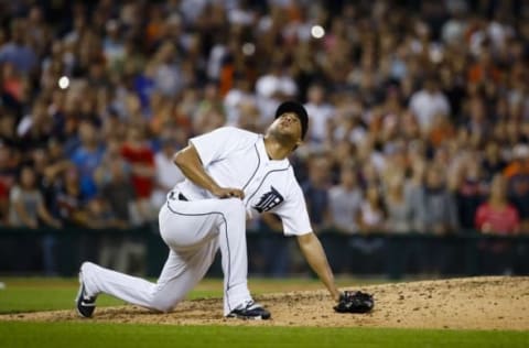 Sep 9, 2016; Detroit, MI, USA; Detroit Tigers relief pitcher Francisco Rodriguez (57) watches as a ball hit by Baltimore Orioles catcher Matt Wieters (not pictured) pops up for the final out in the ninth inning at Comerica Park. Detroit won 4-3. Mandatory Credit: Rick Osentoski-USA TODAY Sports