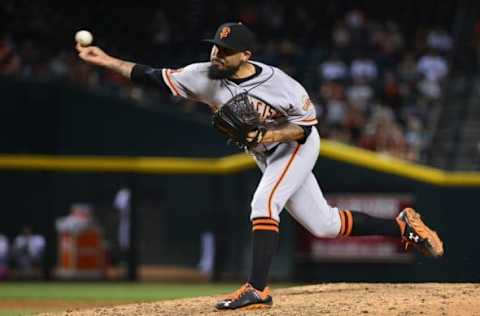 Sep 9, 2016; Phoenix, AZ, USA; San Francisco Giants relief pitcher Sergio Romo (54) delivers a pitch during the eighth inning against the Arizona Diamondbacks at Chase Field. Mandatory Credit: Jennifer Stewart-USA TODAY Sports