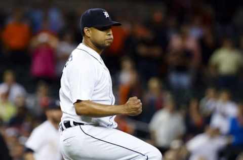 Sep 12, 2016; Detroit, MI, USA; Detroit Tigers relief pitcher Francisco Rodriguez (57) reacts to the last out in the ninth inning against the Minnesota Twins at Comerica Park. Detroit won 4-2. Mandatory Credit: Rick Osentoski-USA TODAY Sports