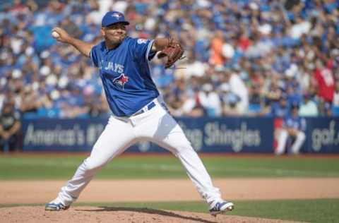 Sep 10, 2016; Toronto, Ontario, CAN; Toronto Blue Jays relief pitcher Joaquin Benoit (53) throws a pitch during the seventh inning in a game against the Boston Red Sox at Rogers Centre. The Toronto Blue Jays won 3-2. Mandatory Credit: Nick Turchiaro-USA TODAY Sports