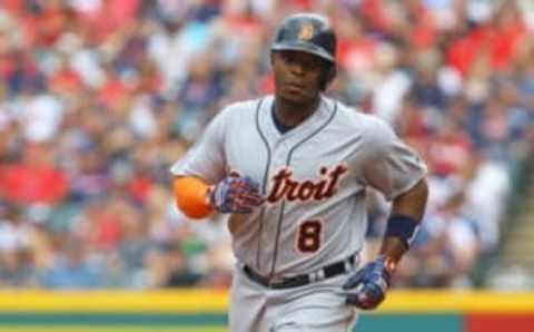 Sep 18, 2016; Cleveland, OH, USA; Detroit Tigers left fielder Justin Upton (8) runs the bases after hitting a two run home run against the Cleveland Indians in the fifth inning at Progressive Field. Mandatory Credit: Aaron Doster-USA TODAY Sports