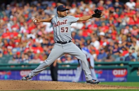 Sep 18, 2016; Cleveland, OH, USA; Detroit Tigers relief pitcher Francisco Rodriguez (57) throws against the Cleveland Indians in the eighth inning at Progressive Field. The Tigers won 9-5. Mandatory Credit: Aaron Doster-USA TODAY Sports