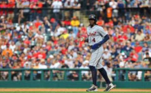 Sep 18, 2016; Cleveland, OH, USA; Detroit Tigers center fielder Cameron Maybin (4) against the Cleveland Indians at Progressive Field. The Tigers won 9-5. Mandatory Credit: Aaron Doster-USA TODAY Sports