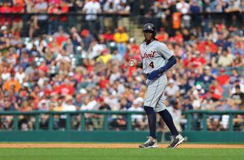 Sep 18, 2016; Cleveland, OH, USA; Detroit Tigers center fielder Cameron Maybin (4) against the Cleveland Indians at Progressive Field. The Tigers won 9-5. Mandatory Credit: Aaron Doster-USA TODAY Sports