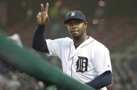 Sep 28, 2016; Detroit, MI, USA; Detroit Tigers left fielder Justin Upton (8) waves to the crowd before the game against the Cleveland Indians at Comerica Park. Mandatory Credit: Raj Mehta-USA TODAY Sports