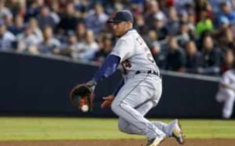 Sep 30, 2016; Atlanta, GA, USA; Detroit Tigers first baseman Miguel Cabrera (24) catches a ground ball against the Atlanta Braves in the fifth inning at Turner Field. Mandatory Credit: Brett Davis-USA TODAY Sports