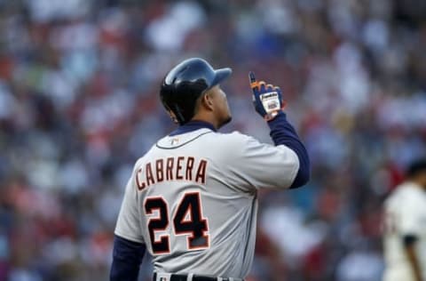 Oct 2, 2016; Atlanta, GA, USA; Detroit Tigers first baseman Miguel Cabrera (24) celebrates after a single against the Atlanta Braves in the ninth inning at Turner Field. The Braves defeated the Tigers 1-0. Mandatory Credit: Brett Davis-USA TODAY Sports