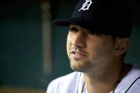 Sep 28, 2016; Detroit, MI, USA; Detroit Tigers third baseman Nick Castellanos (9) smiles from the dugout before the game against the Cleveland Indians at Comerica Park. Game called for bad weather after 5 innings. Tigers win 6-3. Mandatory Credit: Raj Mehta-USA TODAY Sports