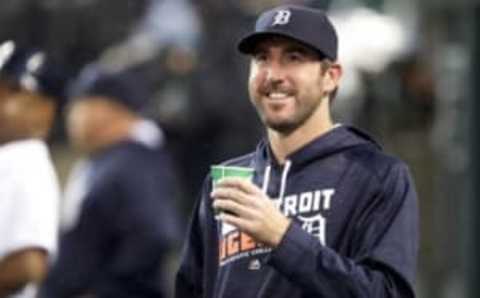 Sep 28, 2016; Detroit, MI, USA; Detroit Tigers starting pitcher Justin Verlander (35) smiles from the dugout before the game against the Cleveland Indians at Comerica Park. Game called for bad weather after 5 innings. Tigers win 6-3. Mandatory Credit: Raj Mehta-USA TODAY Sports