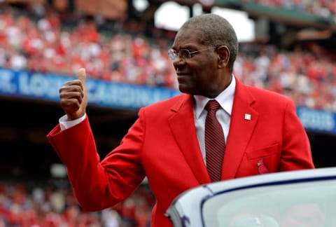 Apr 13, 2015; St. Louis, MO, USA; St. Louis Cardinal former player Bob Gibson in attendance for the game between the St. Louis Cardinals and the Milwaukee Brewers at Busch Stadium. Mandatory Credit: Jasen Vinlove-USA TODAY Sports