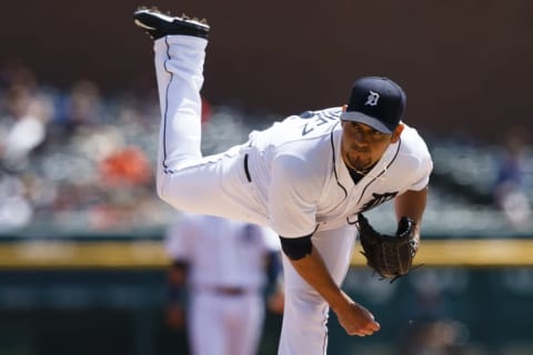 May 14, 2015; Detroit, MI, USA; Detroit Tigers starting pitcher Anibal Sanchez (19) pitches in the first inning against the Minnesota Twins at Comerica Park. Mandatory Credit: Rick Osentoski-USA TODAY Sports