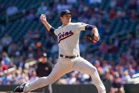 Apr 29, 2015; Minneapolis, MN, USA; Minnesota Twins relief pitcher Casey Fien (50) in the ninth inning against the Detroit Tigers at Target Field. The Detroit Tigers beat the Minnesota Twins 10-7. Mandatory Credit: Brad Rempel-USA TODAY Sports