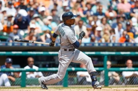 Jul 23, 2015; Detroit, MI, USA; Seattle Mariners center fielder Austin Jackson (16) at bat against the Detroit Tigers at Comerica Park. Mandatory Credit: Rick Osentoski-USA TODAY Sports