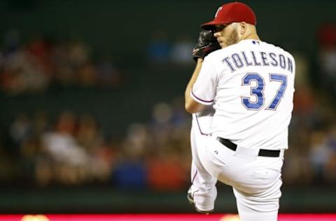 Sep 30, 2015; Arlington, TX, USA; Texas Rangers relief pitcher Shawn Tolleson (37) throws a pitch i the ninth inning against the Detroit Tigers at Globe Life Park in Arlington. Texas won 6-2. Mandatory Credit: Tim Heitman-USA TODAY Sports