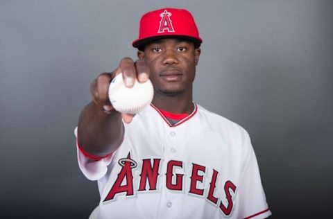 February 26, 2016; Tempe, AZ, USA; Los Angeles Angels starting pitcher Victor Alcantara (86) poses for a picture during photo day at Tempe Diablo Stadium. Mandatory Credit: Kyle Terada-USA TODAY Sports