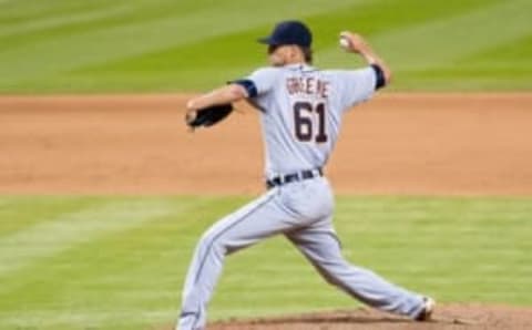 Apr 5, 2016; Miami, FL, USA; Detroit Tigers relief pitcher Shane Greene (61) throws in the eleventh inning against the Miami Marlins at Marlins Park. Mandatory Credit: Steve Mitchell-USA TODAY Sports