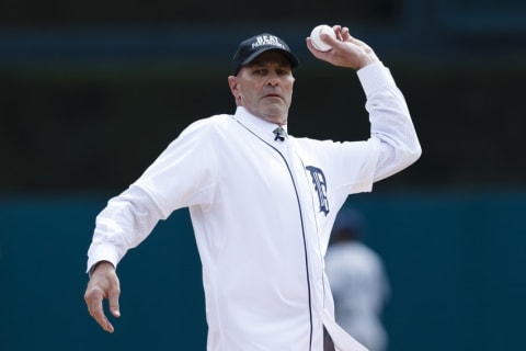 Apr 8, 2016; Detroit, MI, USA; Former Detroit Tiger Kirk Gibson throws out the ceremonial first pitch prior to the game against the New York Yankees at Comerica Park. Mandatory Credit: Rick Osentoski-USA TODAY Sports