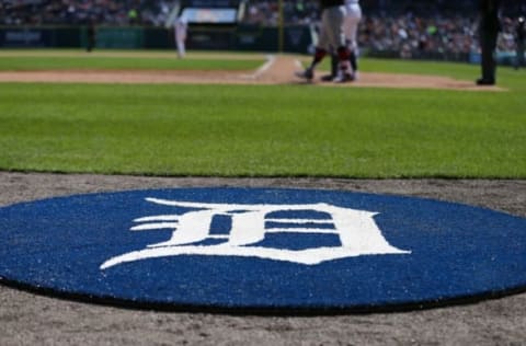 Apr 24, 2016; Detroit, MI, USA; A view of the Detroit Tigers logo on the on deck circle at Comerica Park. The Indians won 6-3. Mandatory Credit: Aaron Doster-USA TODAY Sports