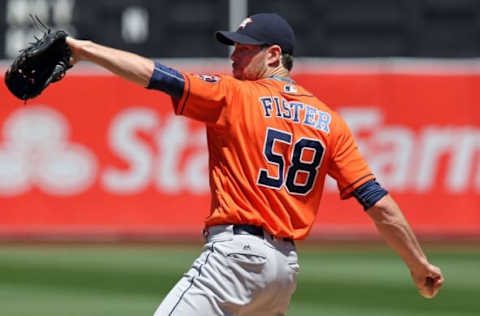 May 1, 2016; Oakland, CA, USA; Houston Astros starting pitcher Doug Fister (58) throws a pitch to the Oakland Athletics in the first inning of their MLB baseball game at O.co Coliseum. Mandatory Credit: Lance Iversen-USA TODAY Sports.