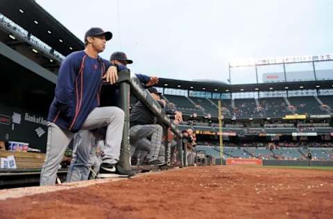 May 12, 2016; Baltimore, MD, USA; Detroit Tigers manager Brad Ausmus (7) looks on during a game against the Baltimore Orioles at Oriole Park at Camden Yards. The Baltimore Orioles won 7-5. Mandatory Credit: Evan Habeeb-USA TODAY Sports