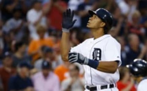 Jun 22, 2016; Detroit, MI, USA; Detroit Tigers left fielder Steven Moya (33) celebrates his home run against the Seattle Mariners in the fifth inning at Comerica Park. Mandatory Credit: Rick Osentoski-USA TODAY Sports