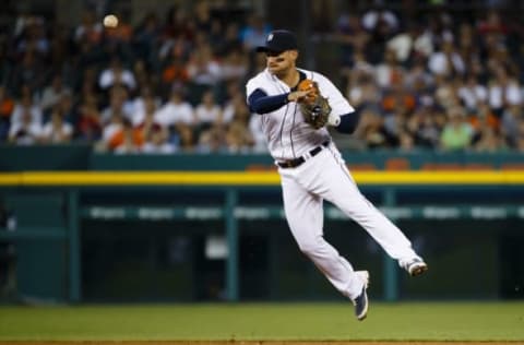 Jun 22, 2016; Detroit, MI, USA; Detroit Tigers shortstop Jose Iglesias (1) makes a throw to first to retire Seattle Mariners left fielder Norichika Aoki (not pictured) in the seventh inning at Comerica Park. Mandatory Credit: Rick Osentoski-USA TODAY Sports