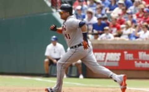 Aug 14, 2016; Arlington, TX, USA; Detroit Tigers designated hitter Victor Martinez (41) rounds first after he doubles in the second inning against the Texas Rangers at Globe Life Park in Arlington. Mandatory Credit: Tim Heitman-USA TODAY Sports