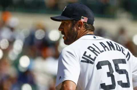 Sep 11, 2016; Detroit, MI, USA; Detroit Tigers starting pitcher Justin Verlander (35) looks in for the sign during the third inning against the Baltimore Orioles at Comerica Park. The team wore American flags on there caps to commemorate 9/11. Mandatory Credit: Rick Osentoski-USA TODAY Sports