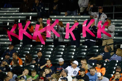 Sep 27, 2016; Detroit, MI, USA; Fans hold up K signs for Detroit Tigers starting pitcher Justin Verlander (not pictured) in the fourth inning of the game against the Cleveland Indians at Comerica Park. Mandatory Credit: Rick Osentoski-USA TODAY Sports