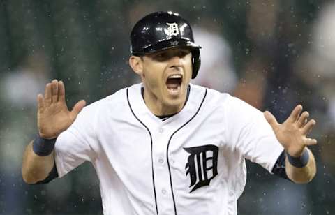 Sep 28, 2016; Detroit, MI, USA; Detroit Tigers second baseman Ian Kinsler (3) reacts after first baseman Miguel Cabrera (not pictured) hits a three run home run during the fifth inning against the Cleveland Indians at Comerica Park. Game called for bad weather after 5 innings. Tigers win 6-3. Mandatory Credit: Raj Mehta-USA TODAY Sports