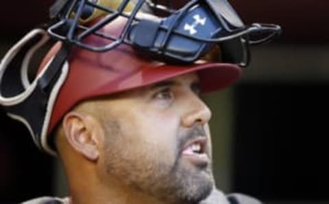 Apr 8, 2015; Phoenix, AZ, USA; Arizona Diamondbacks catcher Gerald Laird (18) calls the play in the first inning against the San Francisco Giants at Chase Field. Mandatory Credit: Rick Scuteri-USA TODAY Sports