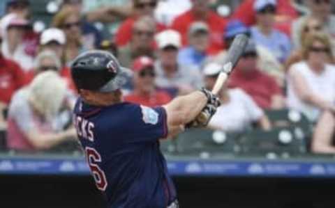 Mar 14, 2016; Jupiter, FL, USA; Minnesota Twins catcher John Hicks (66) gets an rbi base hit against the St. Louis Cardinals during the game at Roger Dean Stadium. The Twins defeated the Cardinals 5-3. Mandatory Credit: Scott Rovak-USA TODAY Sports