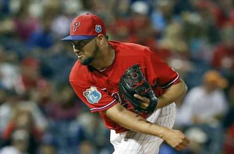 Mar 25, 2016; Clearwater, FL, USA; Philadelphia Phillies pitcher Edward Mujica pitches during the sixth inning of a spring training baseball game against the Toronto Blue Jays at Bright House Field. Mandatory Credit: Reinhold Matay-USA TODAY Sports