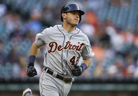 Apr 15, 2016; Houston, TX, USA; Detroit Tigers second baseman Ian Kinsler runs to first on a leadoff single during the first inning against the Houston Astros at Minute Maid Park. Mandatory Credit: Troy Taormina-USA TODAY Sports