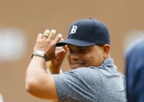 May 7, 2016; Detroit, MI, USA; Former Detroit Tigers Ivan Pudge Rodriguez throws out the ceremonial first pitch before the game against the Texas Rangers at Comerica Park. Mandatory Credit: Rick Osentoski-USA TODAY Sports