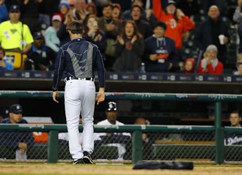 May 16, 2016; Detroit, MI, USA; Detroit Tigers manager Brad Ausmus (7) walks off the field after getting ejected in the fifth inning against the Minnesota Twins at Comerica Park. Mandatory Credit: Rick Osentoski-USA TODAY Sports