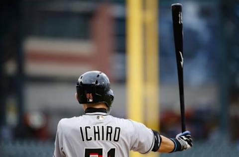 Jun 28, 2016; Detroit, MI, USA; Miami Marlins right fielder Ichiro Suzuki (51) gets set to bat in the first inning against the Detroit Tigers at Comerica Park. Mandatory Credit: Rick Osentoski-USA TODAY Sports