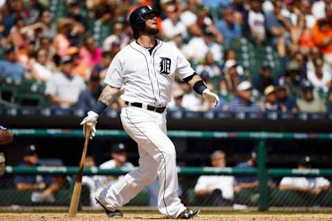 Jul 17, 2016; Detroit, MI, USA; Detroit Tigers catcher Jarrod Saltalamacchia (39) hits a game winning two run home run in the ninth inning against the Kansas City Royals at Comerica Park. Detroit won 4-2. Mandatory Credit: Rick Osentoski-USA TODAY Sports