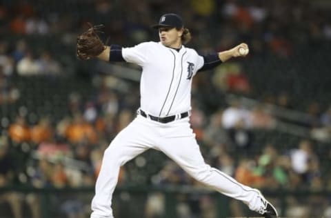 Aug 20, 2016; Detroit, MI, USA; Detroit Tigers relief pitcher Justin Wilson (38) pitches the ball during the ninth inning against the Boston Red Sox at Comerica Park. Red Sox win 3-2. Mandatory Credit: Raj Mehta-USA TODAY Sports