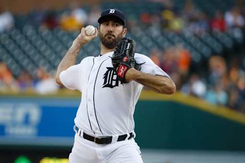 Aug 26, 2016; Detroit, MI, USA; Detroit Tigers starting pitcher Justin Verlander (35) pitches in the first inning against the Los Angeles Angels at Comerica Park. Mandatory Credit: Rick Osentoski-USA TODAY Sports