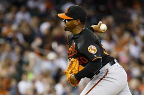 Sep 9, 2016; Detroit, MI, USA; Baltimore Orioles relief pitcher Mychal Givens (60) pitches in the seventh inning against the Detroit Tigers at Comerica Park. Mandatory Credit: Rick Osentoski-USA TODAY Sports