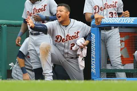 Sep 18, 2016; Cleveland, OH, USA; Detroit Tigers first baseman Miguel Cabrera (24) against the Cleveland Indians at Progressive Field. The Tigers won 9-5. Mandatory Credit: Aaron Doster-USA TODAY Sports