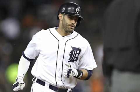 Sep 26, 2016; Detroit, MI, USA; Detroit Tigers right fielder J.D. Martinez (28) rounds third base after hitting a two-run home run during the second inning against the Cleveland Indians at Comerica Park. Mandatory Credit: Raj Mehta-USA TODAY Sports